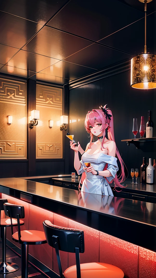 An illustration showing modern-day craft cocktails in a trendy bar. The scene includes a bartender using innovative techniques and high-quality ingredients to create unique cocktails. The background features modern bar design elements, such as stylish lighting, contemporary furniture, and patrons enjoying their drinks.