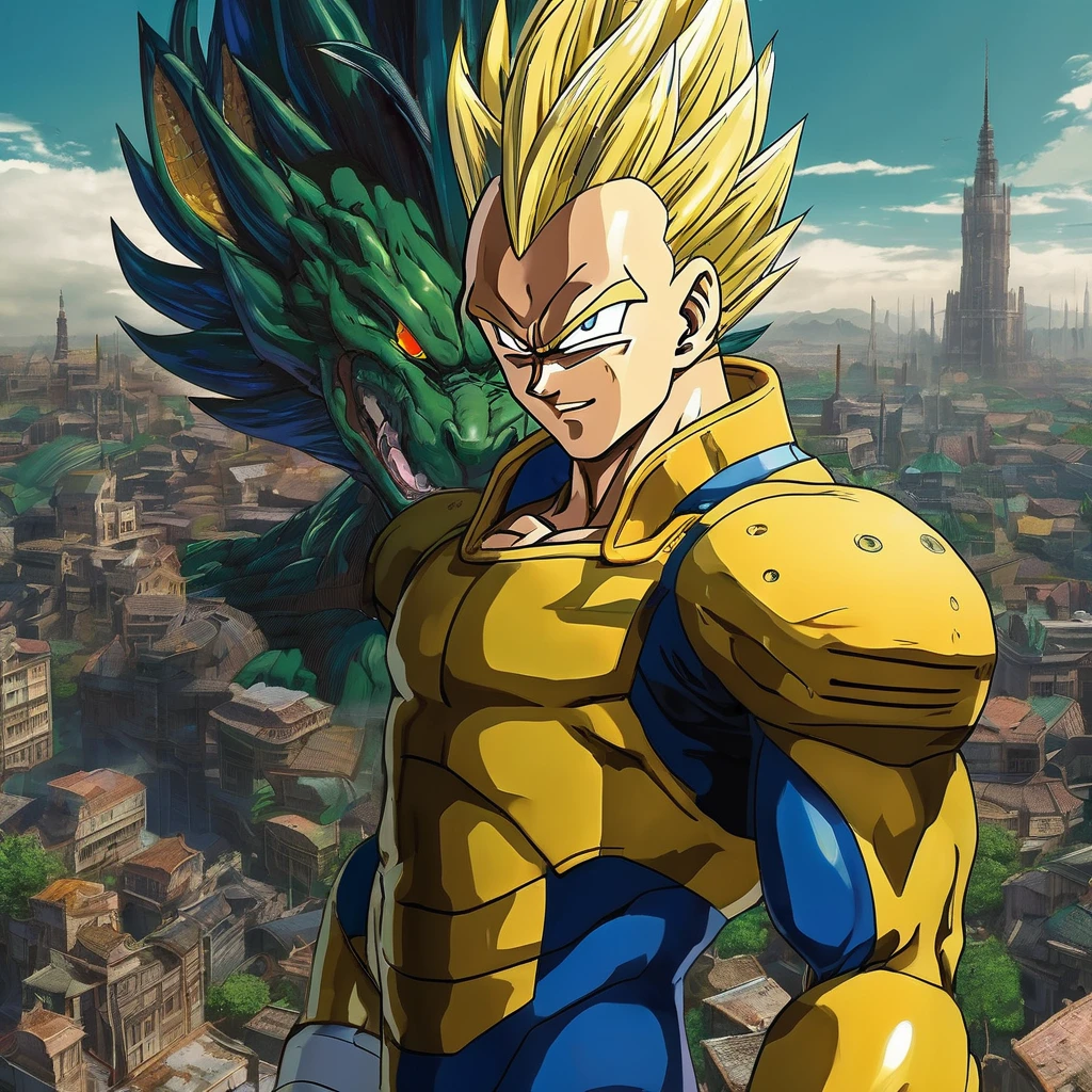 Anime style. Setting: post apocalyptic settlement: strong super saiyan Vegeta is depicted in a full body shot. His yellow ki in form of Dragon is around his blond hair and fullbody. Striking blue/green heterochromia eyes. The stylish sweater that's too big for him adds to his otherworldly charm. This mesmerizing image, possibly a painting, is rich in detail and radiates a sense of dystopian beauty. Every element, from Vegeta is great and strong features to the elaborate design of his Classic uniform, is rendered with impeccable artistry, drawing viewers into a realm of loss and wonder.