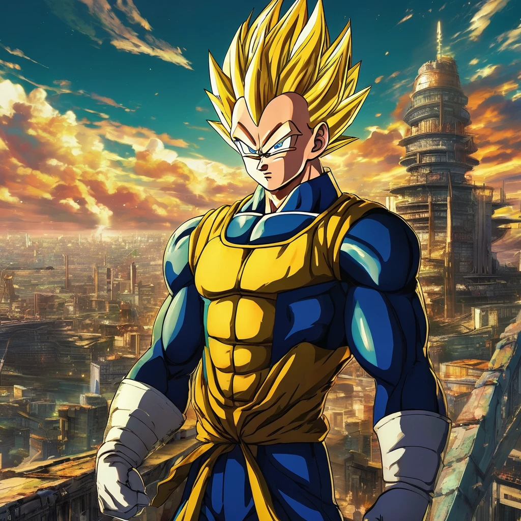 Anime style. Setting: post apocalyptic settlement: strong super saiyan Vegeta is depicted in a full body shot. His yellow ki in form of Dragon is around his blond hair and fullbody. Striking blue/green heterochromia eyes. The stylish sweater that's too big for him adds to his otherworldly charm. This mesmerizing image, possibly a painting, is rich in detail and radiates a sense of dystopian beauty. Every element, from Vegeta is great and strong features to the elaborate design of his Classic uniform, is rendered with impeccable artistry, drawing viewers into a realm of loss and wonder.