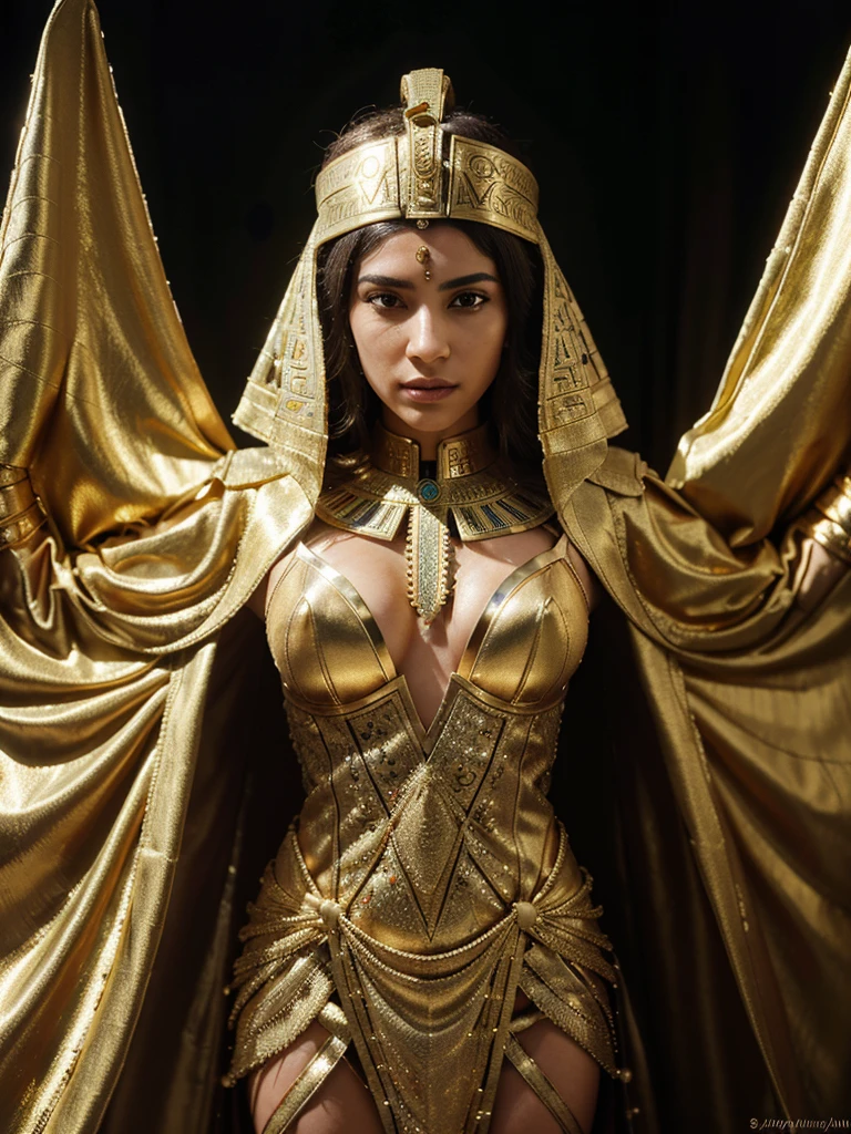 An intricate flash-based Egyptian costume with multiple gold details, extremely detailed suit, micro-details, fotorrealism, A light, Dark Photo, deep-shadows, Shallow depth of field, photorrealistic, Surrealism, high qualiy, work of art, 8K, 8K, super detaill