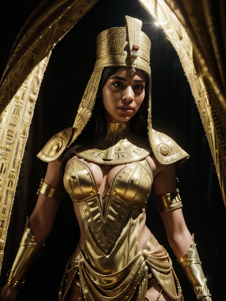 In a panoramic shot, Cinematic, ultra realistic, intricate details, fantasy, epic.
In a sacred temple, a young Egyptian maiden woman, beautiful and dressed in oil, emerges from among thousands of papyri. She is the spiritual leader of all the Egyptians who have invoked her to defend the world from an imminent catastrophe.