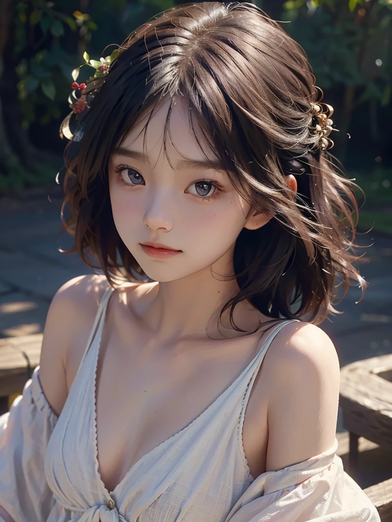 highest quality,finest quality detailed realisticphoto,high-resolution,16k,soft focus,film grain,cinematic lighting,realistic,fine texture,beautiful ultra fine detailed,delicate,beautiful slim girl,very tiny breasts,upped hair,loving viewer