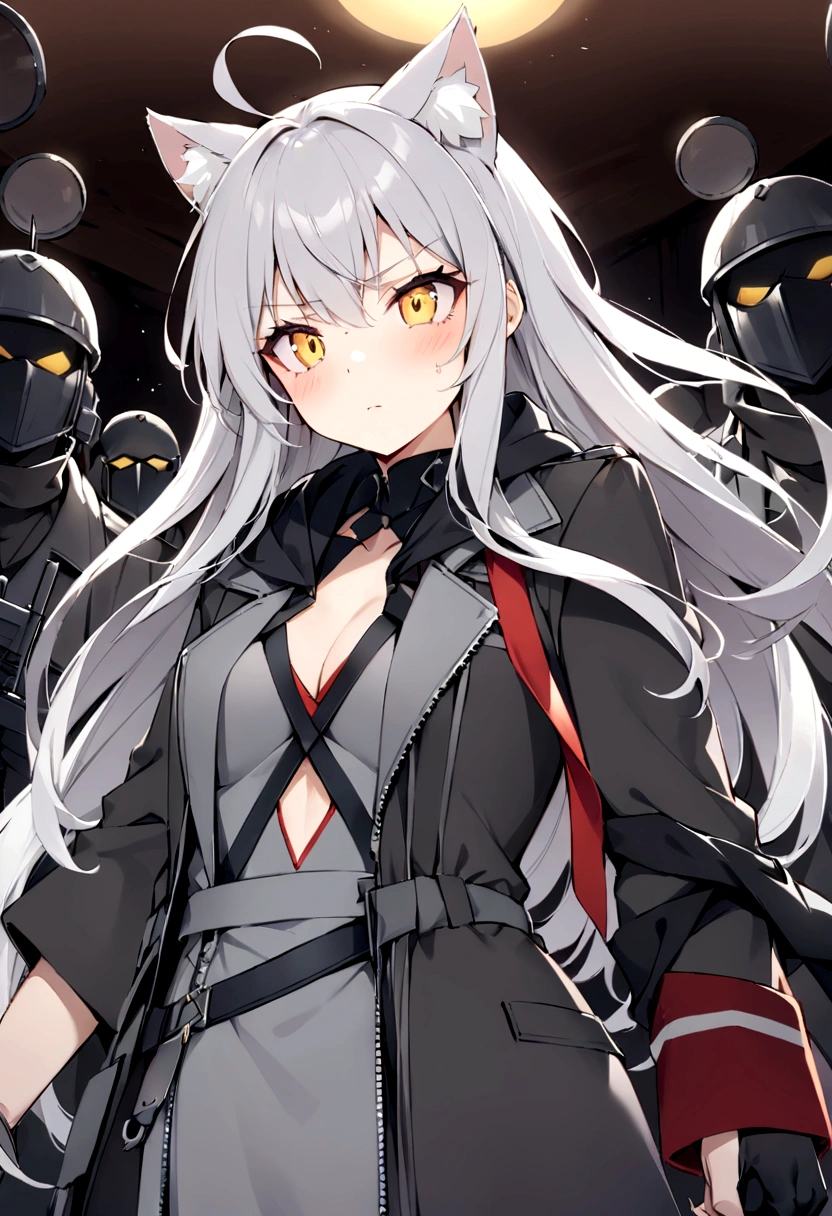 Raising the German flag in the conference room、Serious face、A large number of subordinates can be seen in the distance、Surrounded by operatives、Give a command、Secret Police Meeting Room、Gray cat ears、Gray cat earasterpiece, best quality:1.2), 1girl, 独奏、Grey long hair、Ahoge、Yellow Eyes、Background of a military base with guns、Fisheye Lens、battlefield、Shadows of light and darkness、Expressionless、battle、Gray trench coat、Put a black hoodie over your arm、Surrounded by enemies、Zip hoodie worn over the arm