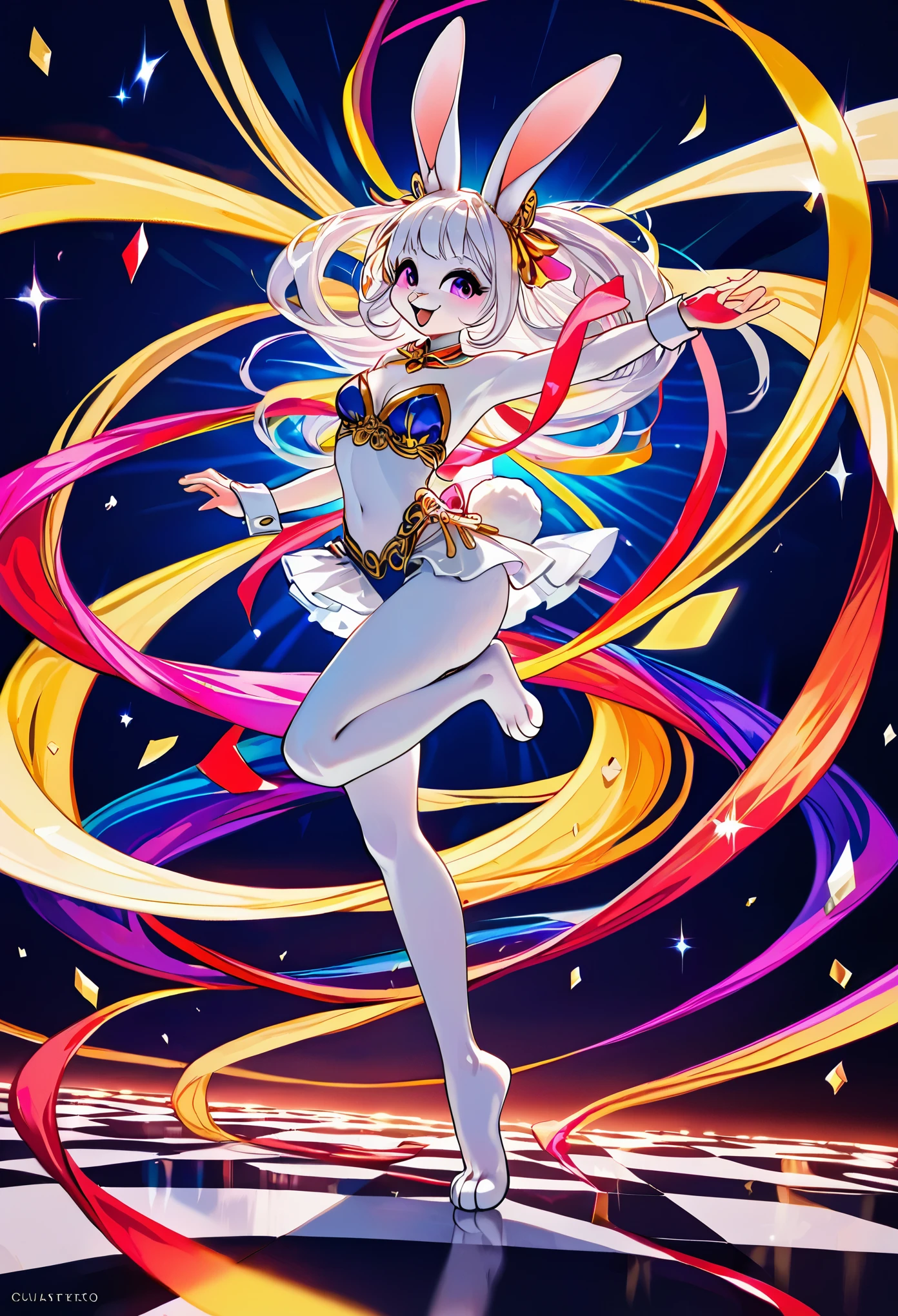 top quality, best quality, highres, masterpiece, absurdres, Perfect Anatomy(furry, angelic cute 1girl)(furry anthro, rabbit Facial Features, rabbit Body Features)(rabbit ears, Highly Detailed Body Fur)audition floor, dancing, flowing colorful ribbon, jumping, joyful smile, absurdres, volumetric lighting, good lighting, cinematic shadow,