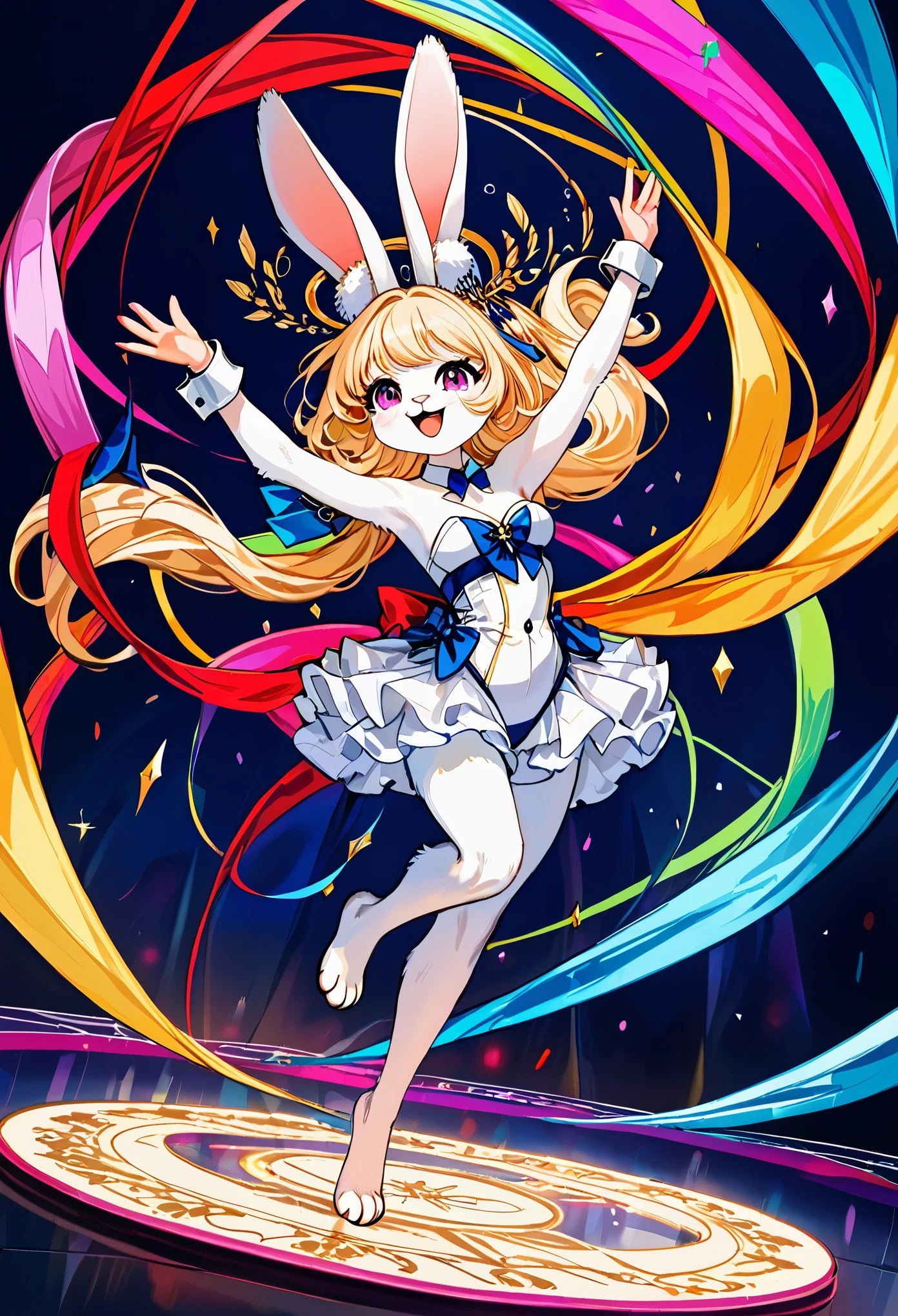 top quality, best quality, highres, masterpiece, absurdres, Perfect Anatomy(furry, angelic cute 1girl)(furry anthro, rabbit Facial Features, rabbit Body Features)(rabbit ears, Highly Detailed Body Fur)audition floor, dancing, flowing colorful ribbon, jumping, joyful smile, absurdres, volumetric lighting, good lighting, cinematic shadow,