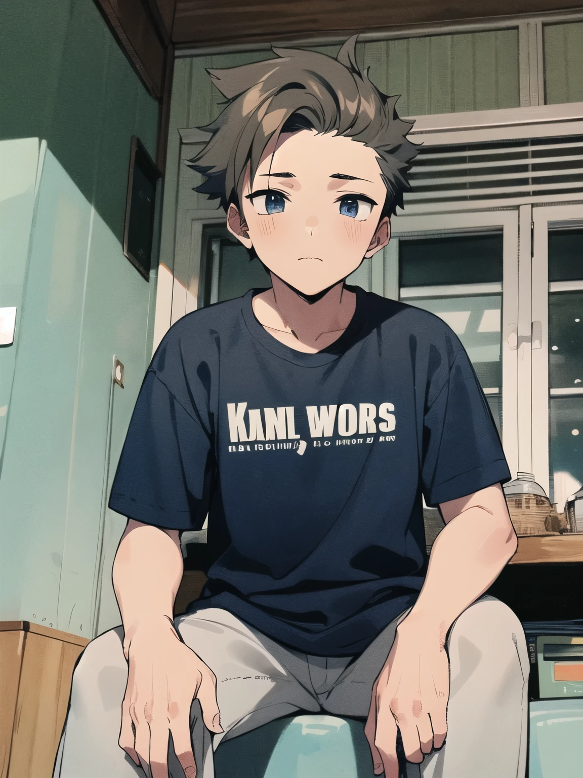 Anime boy cool cute skin white sitting pose foward pants long