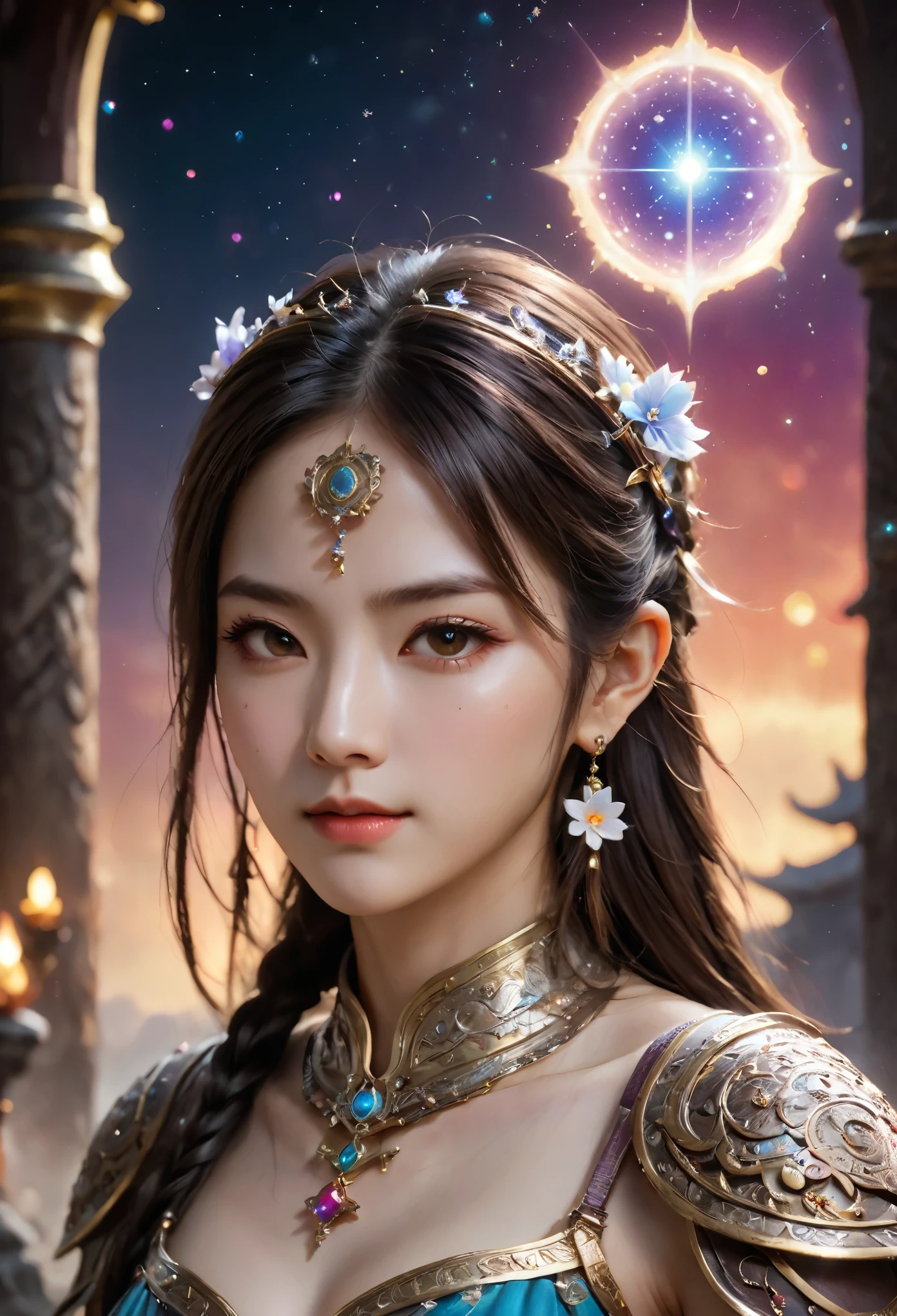 8K resolution, masterpiece, Highest quality, Award-winning works, unrealistic, final fantasy, Royal Jewel,Photorealistic Painting by Midjourney and Greg Rutkowski, , elegant, Very detailed, Delicate depiction of hair, miniature painting, Digital Painting, Art Station, Concept Art, Smooth, Sharp focus, shape, nature, Clear shadows, Full body portrait, Asura, God of War, Castle in the Sky, A strip of light pouring down from the sky, A pillar of light stretching to the sky, Complex colors, Buddhist Mandala, Colorful magic circle, flash, Mysterious Background, Aura, A gentle gaze, BREAK, Small faint lights and flying fireflies, night, Starry Sky, milky way, nebula, shooting star, Flowers, birds, wind and moon,erotic, sole sexy lady, healthy shaped body, Anatomically accurate skeleton, 22 years old lady, Asura, 170cm tall, huge firm bouncing busts, Holy sword in both hands, Complicated armor, Brightly colored armor, battlefield, fight, dash, Dragon Command