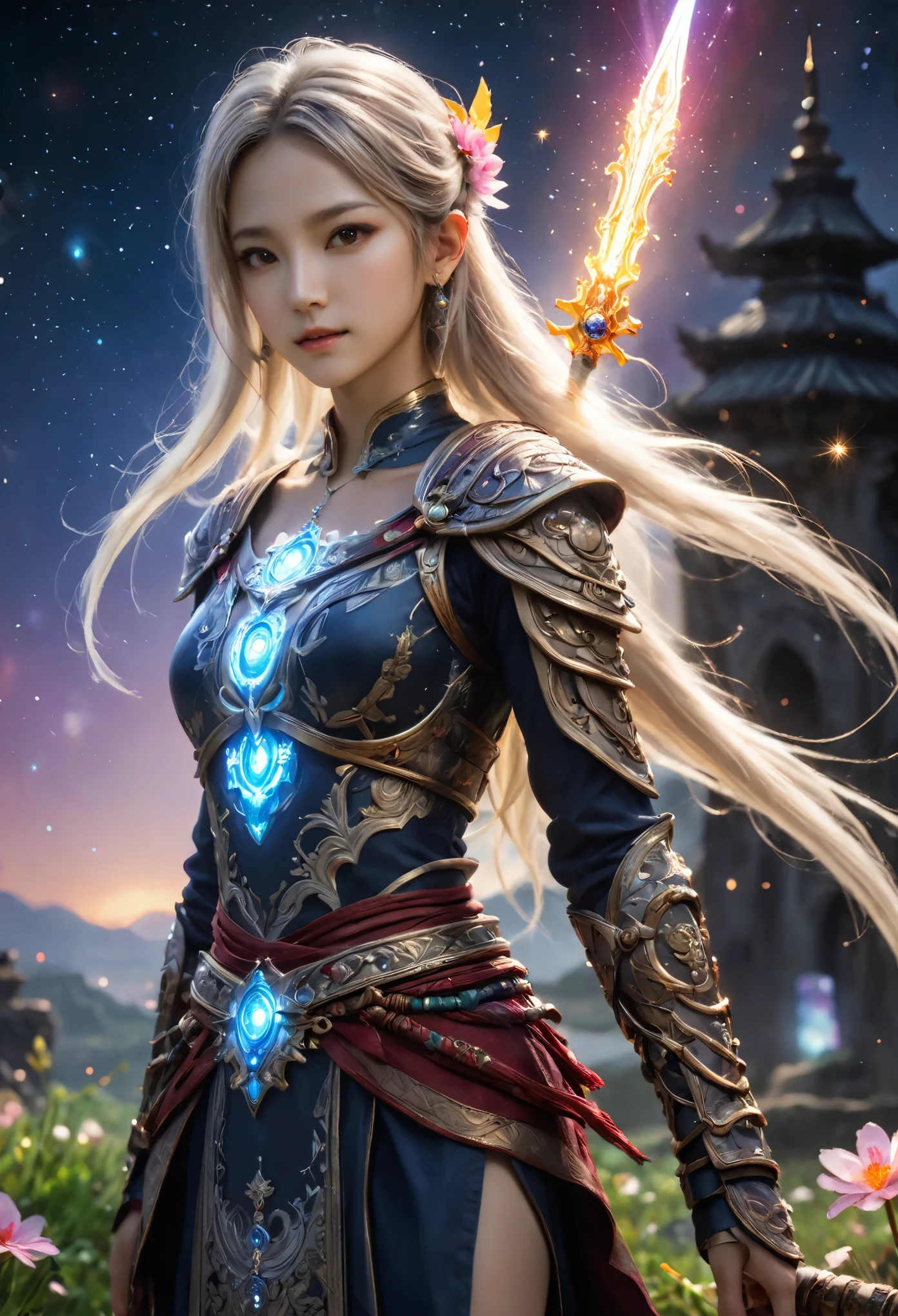 8K resolution, masterpiece, Highest quality, Award-winning works, unrealistic, final fantasy, Royal Jewel,Photorealistic Painting by Midjourney and Greg Rutkowski, , elegant, Very detailed, Delicate depiction of hair, miniature painting, Digital Painting, Art Station, Concept Art, Smooth, Sharp focus, shape, nature, Clear shadows, Full body portrait, Asura, God of War, Castle in the Sky, A strip of light pouring down from the sky, A pillar of light stretching to the sky, Complex colors, Buddhist Mandala, Colorful magic circle, flash, Mysterious Background, Aura, A gentle gaze, BREAK, Small faint lights and flying fireflies, night, Starry Sky, milky way, nebula, shooting star, Flowers, birds, wind and moon,erotic, sole sexy lady, healthy shaped body, Anatomically accurate skeleton, 22 years old lady, Asura, 170cm tall, huge firm bouncing busts, Holy sword in both hands, Complicated armor, Brightly colored armor, battlefield, fight, dash, Dragon Command