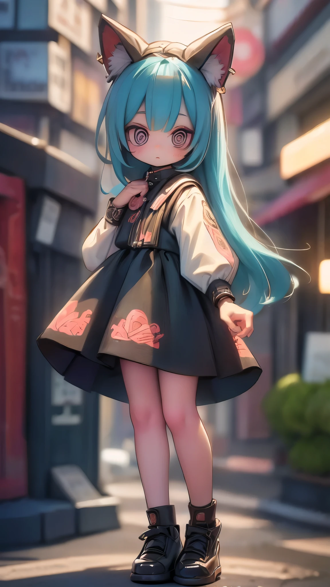 (full body),2D,#quality(8k,wallpaper of extremely detailed CG unit, ​masterpiece,hight resolution,top-quality,top-quality real texture skin,hyper realisitic,increase the resolution,RAW photos,best qualtiy,highly detailed,the wallpaper), BREAK,solo,#1girl(cute,kawaii,cute smile,hair floating,hair messy,black hair,long hair,twin tails hair,pale skin,skin color blue,eyes are red,red eyes shining,big eyes,ripped clothe:1.8,tight tube top,breast,tight hot pants,cute pose:2.0,stomach shown :0.8,punk fashion,black cat ear:1.4,cute pose:1.4,portrait:2.0,open mouth), BREAK ,#background(outside,noisy city,backstreet,narrow street,dark:2.0,neon lights),[chibi:2.0],(when drawing the hand please draw them anatomically very correctly for sure:1.4), BREAK 
