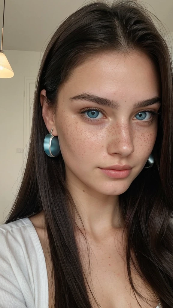(1girl), low quality, amateur photography, raw, jpg, amateur photo, homemade photo, grainy, amateur photo, grainy, flash photo, POV. ((close-up)) photo of an attractive and seductive 19 year old Russian girl with raised face in the Balkans. Elegant straight black hair parted in the middle behind the ears. She has perfect symmetrical reflective pupils and highly detailed glowing eyes. Her skin is very white, almost pale, with realistic freckles. his eyes are ice blue. The iPhone 14 Pro and Pro Max feature a 48-megapixel sensor with an f/1.78 lens,