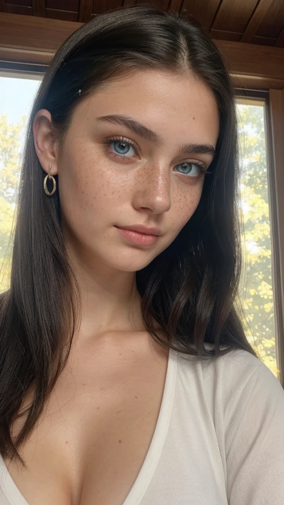 (1girl), low quality, amateur photography, raw, jpg, amateur photo, homemade photo, grainy, amateur photo, grainy, flash photo, POV. ((close-up)) photo of an attractive and seductive 19 year old Russian girl with raised face in the Balkans. Elegant straight black hair parted in the middle behind the ears. She has perfect symmetrical reflective pupils and highly detailed glowing eyes. Her skin is very white, almost pale, with realistic freckles. his eyes are ice blue. The iPhone 14 Pro and Pro Max feature a 48-megapixel sensor with an f/1.78 lens,