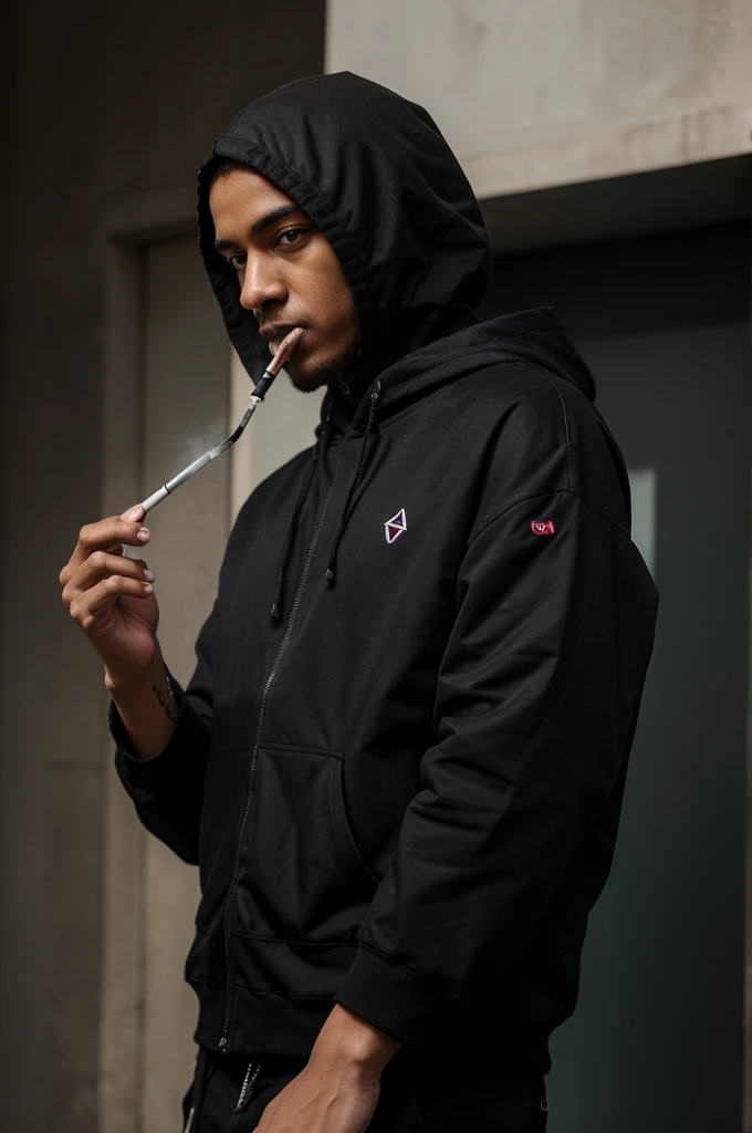 Describe a ai character man smoking and wearing clothes black with logo Lorenzo ((realistik)) ((masterpiece)) ((details)) 