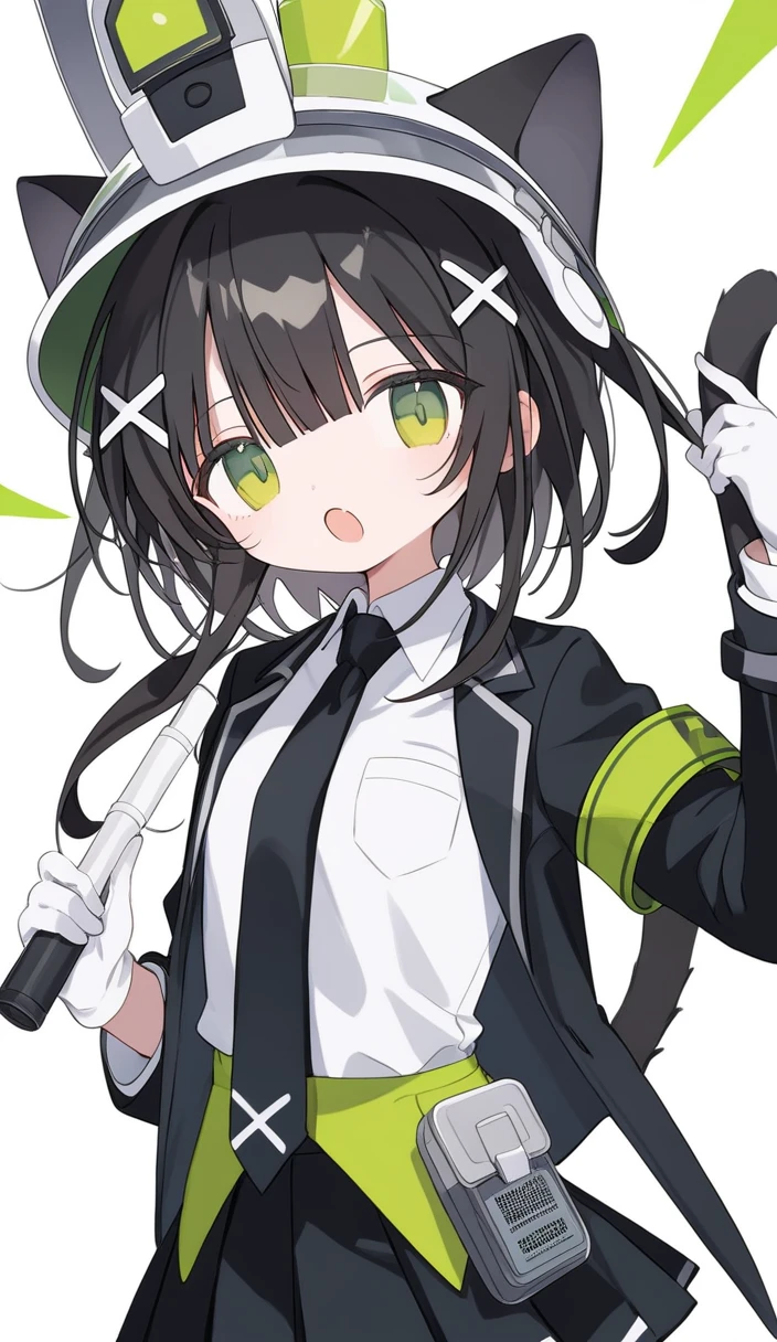 1 Girl,skirt,独自of,white Gloves,Keep,Gloves,Tail,High Leg Raise,Looking at the audience,Bangs,Green Eyes,pleated skirt,Long sleeve,tie,open mouth,Hair accessories,black High Leg Raise,black tie,jacket,armband,helmet,black skirt,helmet,x Hair accessories,direction,Black Hair,White background,两眼之间of头发,black jacket,White headdress,Cowboy shooting,bandage,cat Tail,hand up,shirt,简单of背景,Animal ears,white shirt,collared shirt,Absolutely great opportunity,Eyes can be seen through the hair,skin direction,permanent,中等长度of头发,Fraction_9,Fraction_8_Direction_7_up,Expressive,score_of,(masterpiece, 最好of质量)