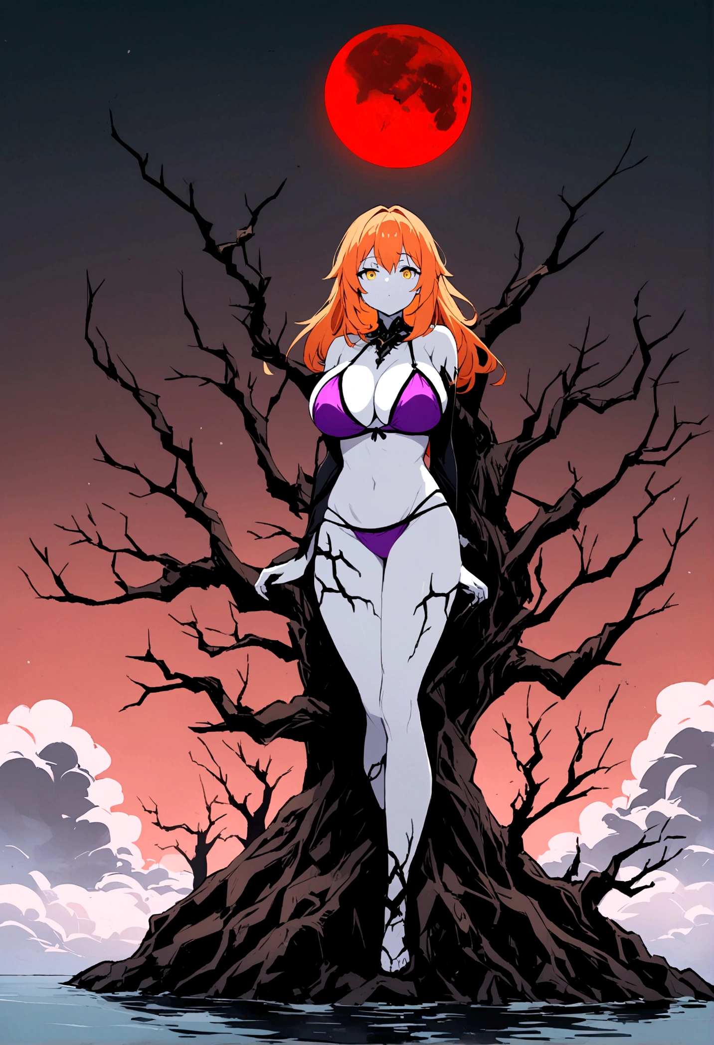 A beautiful anime-style girl with short orange hair、Yellow Eyes、Transparent hair、Fun face、Delightful beautiful girl、A beautiful girl with a short stature and a well-balanced body、Big Breasts、A beautiful immoral girl wearing a provocative purple and colored bikini、Pale skin、Full Body Shot、octopus、dead tree、fog、Red Moon、Mysterious Flower、Lake of Darkness。