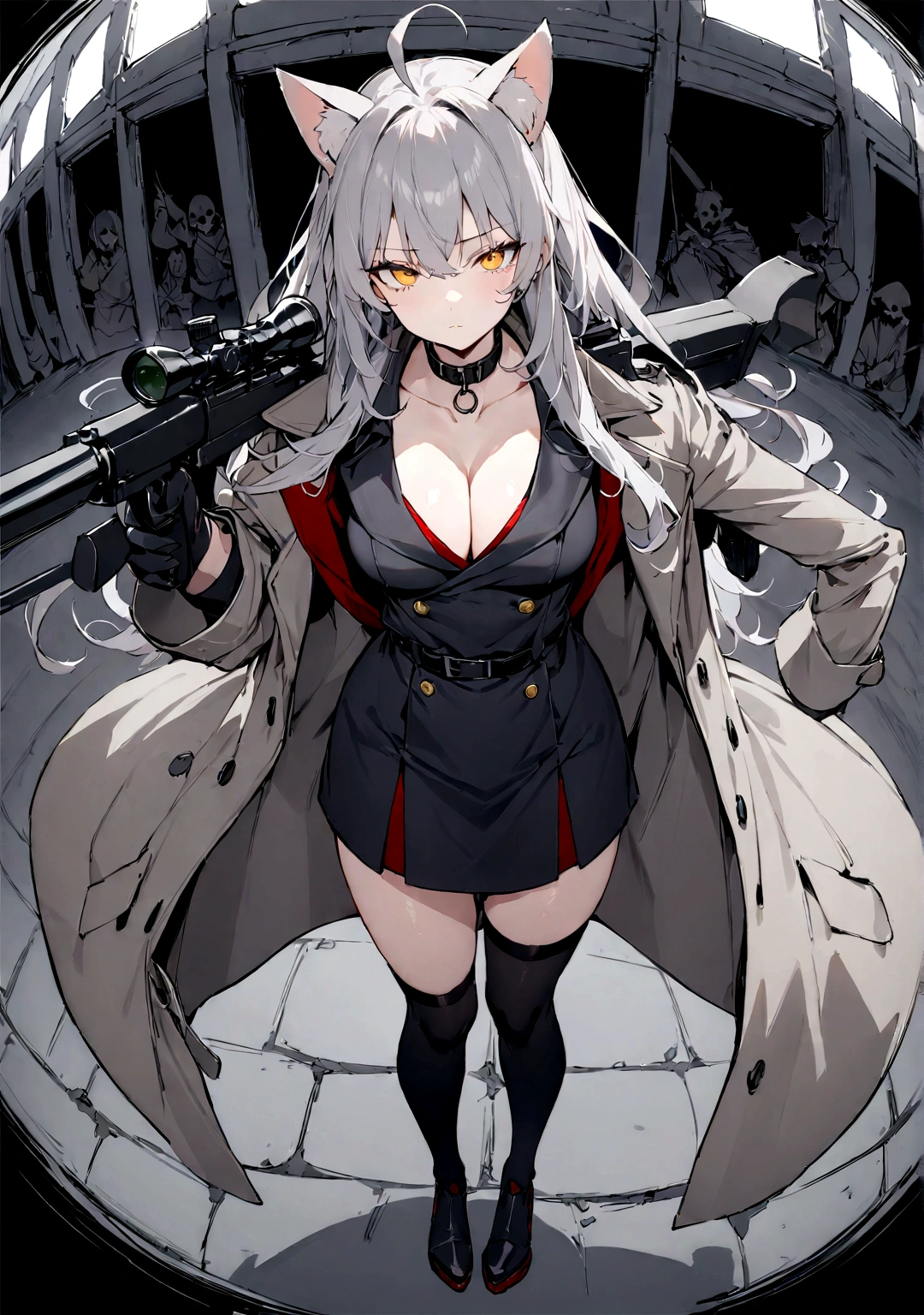 (masterpiece, best quality:1.2), 1girl, 独奏,Black military uniform、Gray cat ears、Point your gun at us、Grey long hair、Ahoge、Yellow Eyes、Grey trench coat、Gray cat ears、I took off my hoodie and put it on my shoulder、Ready your gun?、sniper rifle、Background of military bases、Fisheye Lens、battlefield、Shadows of light and darkness、Expressionless、Grim face、battle、Gray trench coat、Black knee socks、Cleavage、Black collar