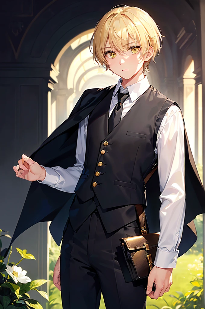 (masterpiece; best quality: 1.2), (finely detailed eyes: 1.3), ((1 male young ???)), ((solo)), (yellow eyes: 1.4), (adorable; short, slender: 1.3), (short white hair: 1.3), (beautiful and clear background: 1.2), ((depth of field)), (clothes: black vest + white shirt + black pants + black cape + black-and-gold necktie + traveler satchel and pouches: 1.3), (anime illustration: 1.2), (background; garden exterior: 1.1), (extremely fine and handsome: 1.1), (shot composition; standing + close-up: 1.5), (expression; calm, stoic: 1.2)