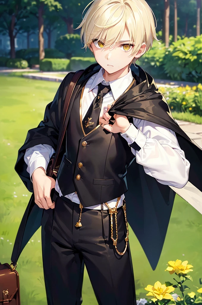 (masterpiece; best quality: 1.2), (finely detailed eyes: 1.3), ((1 male young kid)), ((solo)), (yellow eyes: 1.4), (adorable; short, slender: 1.3), (short white hair: 1.3), (beautiful and clear background: 1.2), ((depth of field)), (clothes: black vest + white shirt + black pants + black cape + black-and-gold necktie + traveler satchel and pouches: 1.3), (anime illustration: 1.2), (background; garden exterior: 1.1), (extremely fine and handsome: 1.1), (shot composition; standing + close-up: 1.5), (expression; calm, stoic: 1.2)