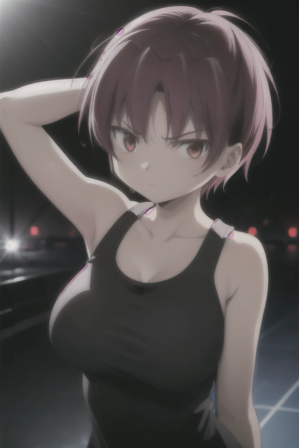 1woman, short red hair, red eyes, serious expression, tomboy, big breasts, athletic, wearing black sci fi coat, tank top, isolated on completely pitch black background, absurdres, high res, ultrasharp, 8K, masterpiece, looking at viewer, HDR, sci-fi, professional, vivid colors, sharp focus, studio lighting, absurdres, bokeh, static