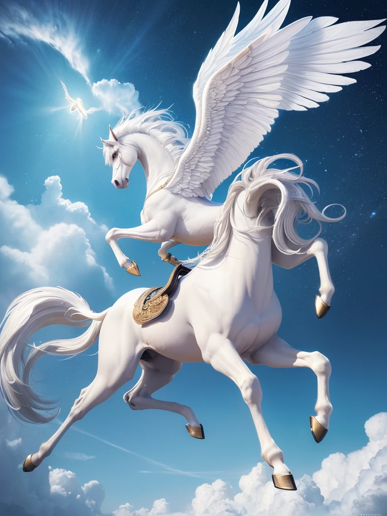 (((Highest quality, masterpiece, Ultra-high resolution, RAW Photos, 非常にdetailed, Perfect Anatomy, A lone pure white Pegasus,Pegasus has four legs,Pegasus has one head and neck ,Pegasus has one feather on each side,Pegasus is pure white and has long wings.,Pegasus spreads his wings and is about to take flight:1.5,Full body photo,)))((Highest quality)), ((masterpiece)), (detailed), The pure white Pegasus is about to take flight,Powerful and powerful,