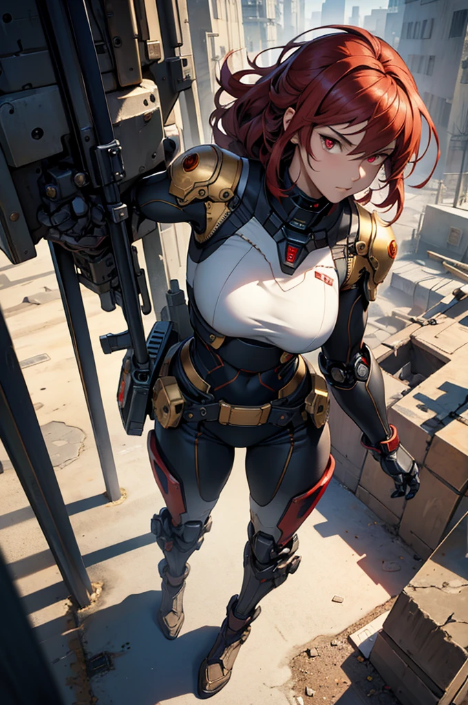full body shot, High angle, best quality, extremely detailed, 8K, focus on background, dystopian society, manga, anime, watercolor, steampunk, masterpiece, a woman, solo, single mechanical arm, two energy weapons, robot suit, humanoid robot, half-up, beautiful red eyes, pensive, mesh, cool, looking at the camera, gold piercing,