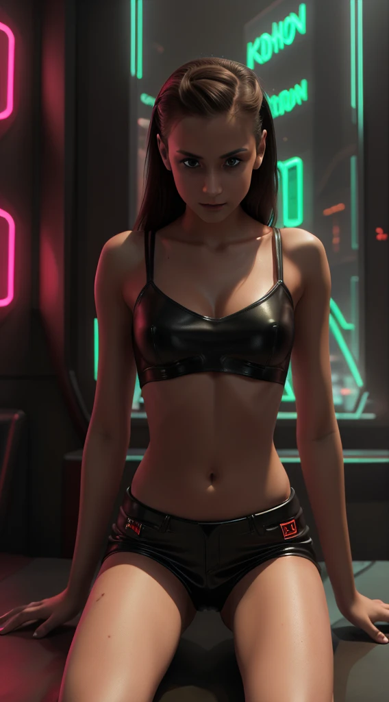 A high resolution, First job, better quality, 1 young young Slavic girl, d0r0r0, demonic technology, Sitting, neon details, neon cyberpunk style, the underworld is in the background, finely detailed leather, , very muscular slender legs,8k rendering,Photorealistic girl,teen,8k render,fotorealistic 