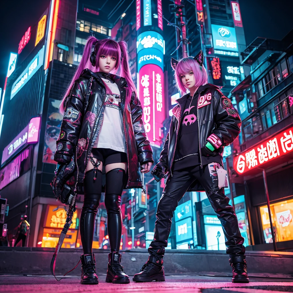 [Ultra-realistic][Cyberpunk-style] Ultra-realistic images of reality. Cyberpunk-style world. The protagonists win in battle royale or PVP and are excited to the max. Images of partygoers. The protagonist is a super beautiful woman with purple hair. Her companions are a vicious bear, a vicious rabbit, a golden-haired monkey, and cyberpunk-style cyborgs. The other characters are cyberpunk-style cyborgs. Created with a super-realistic feel like in the movies.