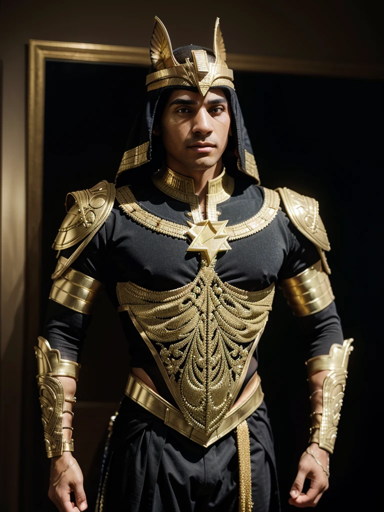 A man wearing an intricate Egyptian flash costume with multiple gold details, extremely detailed suit, micro-details, fotorrealism, A light, Dark Photo, deep-shadows, Shallow depth of field, photorrealistic, Surrealism, high qualiy, work of art, 8K, 8K, super detaill