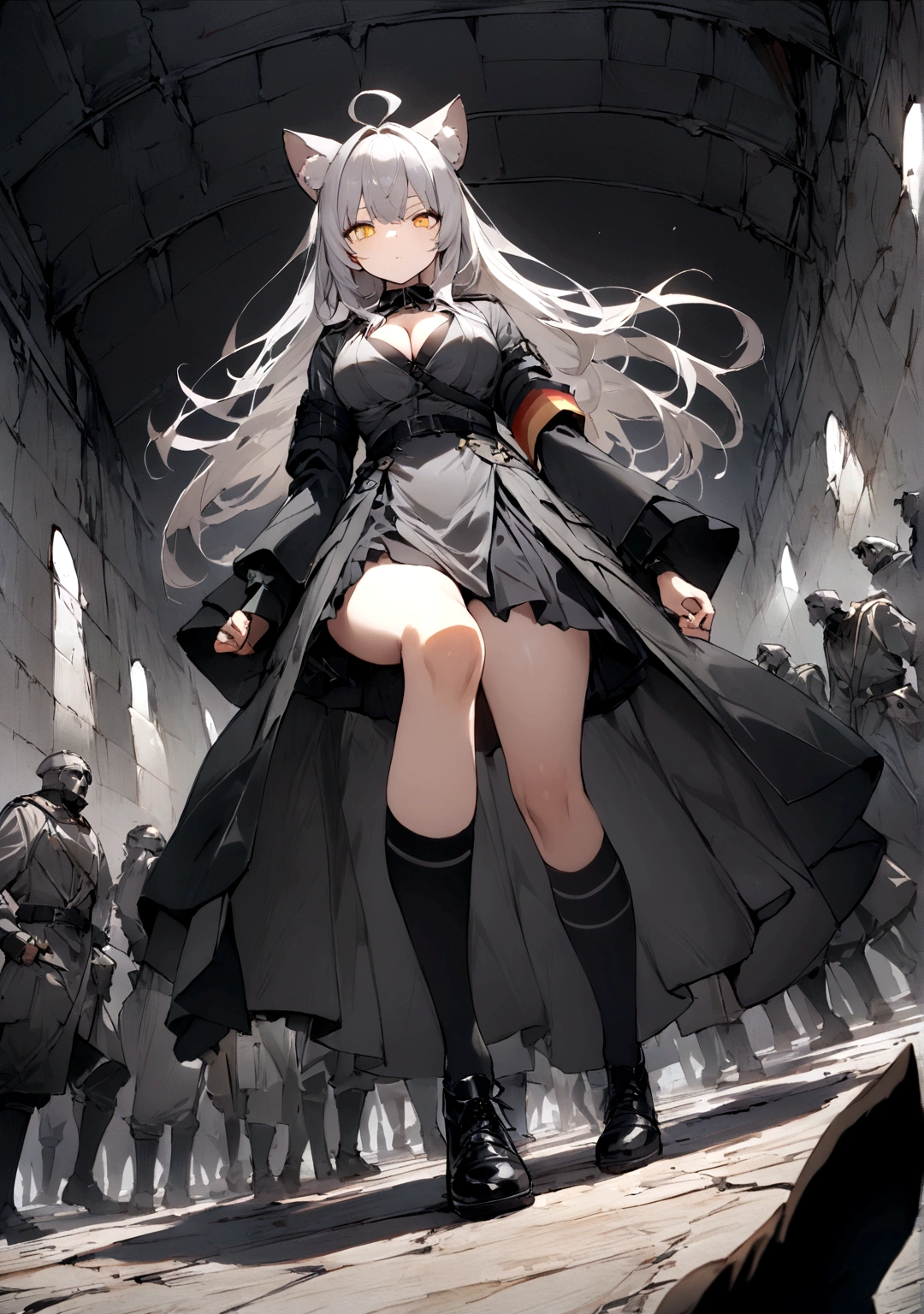 Dynamic Angles、Raising the German flag、Suspicious Gathering、Surrounded by enemies、(masterpiece, best quality:1.2), 1girl, 独奏、Gray cat ears、Grey long hair、Ahoge、Yellow Eyes、Gray cat ears、Background of military bases、Fisheye Lens、battlefield、Shadows of light and darkness、Expressionless、Grim face、battle、Black knee socks、Cleavage、