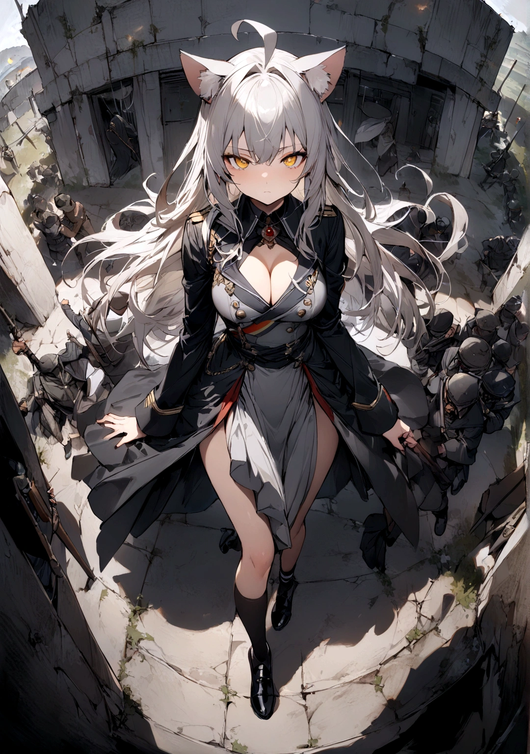 Dynamic Angles、Raising the German flag、Suspicious Gathering、Surrounded by enemies、(masterpiece, best quality:1.2), 1girl, 独奏、Gray cat ears、Grey long hair、Ahoge、Yellow Eyes、Gray cat ears、Background of military bases、Fisheye Lens、battlefield、Shadows of light and darkness、Expressionless、Grim face、battle、Black knee socks、Cleavage、