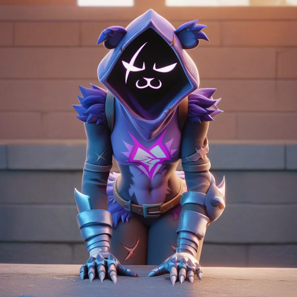 Raven team leader,purple hoodie, with no face, shadowed face, animal ears,purple skin, scar on eye, body skin, purple fur, waist belt, torso symbol, metal gloves, pointing your ass at the viewer, leaning forward, pushing, she closes her eyes, hands resting on top of a small wall, arms on top of a wall with her eyes closed, expression of force, stomachache, stomach growling. scenery and a sunny day