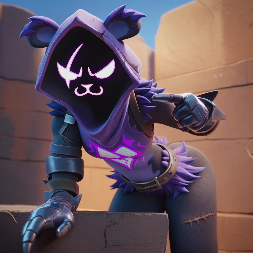 Raven team leader,purple hoodie, with no face, shadowed face, animal ears,purple skin, scar on eye, body skin, purple fur, waist belt, torso symbol, metal gloves, pointing your ass at the viewer, leaning forward, pushing, she closes her eyes, hands resting on top of a small wall, arms on top of a wall with her eyes closed, expression of force, stomachache, stomach growling. scenery and a sunny day