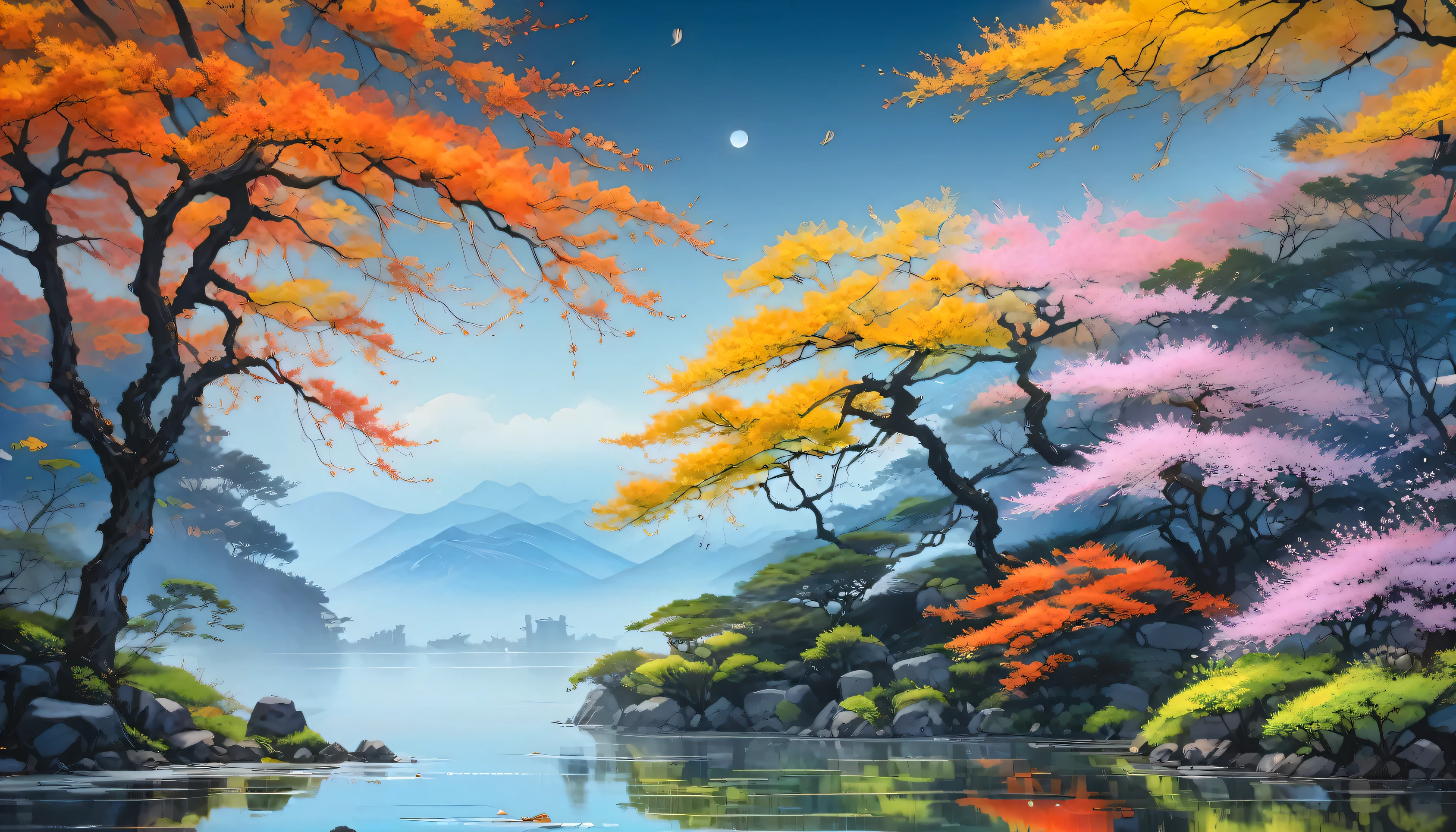 beautiful, Very detailed, Color photography,Wu Guanzhong's style, Monochromatic simplicity, Bold brushstrokes, A fusion of Eastern and Western artistic principles, Abstract natural elements, A structural yet fluid form,Twilight atmosphere, quiet湖, Swaying Willow Tree, Distant Mountain々is shrouded in mist, Fading sunlight, Subtle reflections on the water surface,quiet, Contemplative, Harmonious, Subtle interplay of light and shadow, Mysterious silence,Nikon D850, 400 for Kodak Port, 50mm prime lens, Shallow depth of field, Low ISO, Manual Exposure, Long exposure technology,Wu Guanzhong, Tim Burton, Christopher Doyle, Annie Leibovitz, Vivienne Westwood