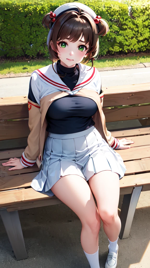masterpiece, best quality, highres, kinomoto sakura, 1girl, brown hair, short hair, antenna hair, two side up, hair bobbles, green eyes, , white sailor collar, black shirt, long sleeves, white skirt, pleated skirt, sitting, eating, outdoors, bench, food, leaf, (masterpiece, best quality: 1.2),(very detailed face, real image, realistic skin, realistic body, intricate details),1 woman, Kinomoto Sakura, brown hair, alone, skirt, green eyes, Short hair, have, white skirt, white hat, Magic Girl, Antenna hair, laugh, serafuku, pleated skirt, dehisce, looking at viewer, cowboy shot, long sleeves, star (symbol), muffler, lie down in bed with both arms extended above the head and placed behind the pillow, anime girl lying down, expose plump breasts, whole body, plump thighs, Natural Pose, beautifully, cute, Fix errors without any awkwardness, tall, I have long legs, Wearing (tomoeda_초등school_school_Uniform),black top, tennis mini skirt,cry in shame, wearing white ankle socks, random sexy poses