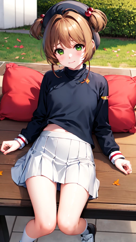 masterpiece, best quality, highres, kinomoto sakura, 1girl, brown hair, short hair, antenna hair, two side up, hair bobbles, green eyes, , white sailor collar, black shirt, long sleeves, white skirt, pleated skirt, sitting, eating, outdoors, bench, food, leaf, (masterpiece, best quality: 1.2),(very detailed face, real image, realistic skin, realistic body, intricate details),1 woman, Kinomoto Sakura, brown hair, alone, skirt, green eyes, Short hair, have, white skirt, white hat, Magic Girl, Antenna hair, laugh, serafuku, pleated skirt, dehisce, looking at viewer, cowboy shot, long sleeves, star (symbol), muffler, lie down in bed with both arms extended above the head and placed behind the pillow, anime girl lying down, expose plump breasts, whole body, plump thighs, Natural Pose, beautifully, cute, Fix errors without any awkwardness, tall, I have long legs, Wearing (tomoeda_초등school_school_Uniform),black top, tennis mini skirt,cry in shame, wearing white ankle socks, random sexy poses
