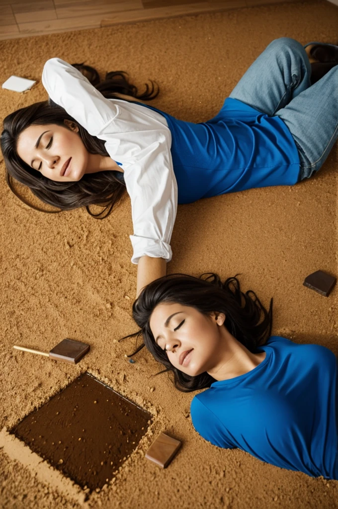 Woman with a man sinking pile but still seven on the floor