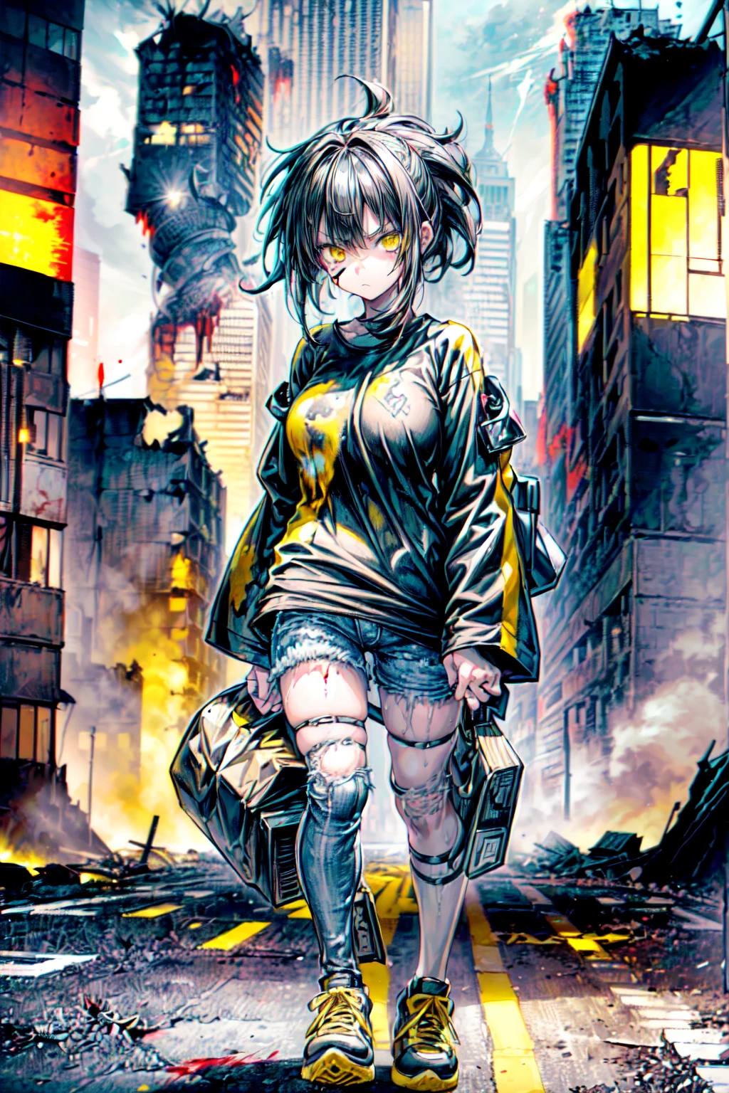((1 GIRL)) ((2d anime girl)), ((Japanese)) 18-year-old, ((2d anime girl)), ((dark-haired)), ((windswept hair)) ((ultra high quality)) ((4k UHD)) ((Best Quality)) ((Daytime)) ((yellow glowing eyes)), wearing a ((black long sleeve shoulderless T-shirt)) sweatshirt with the slogan (("Kaiju")) in white letters, wearing jeans and black and yellow sneakers with (((blood splattered))) on it and her face, standing in the street of a ((ruined city)) filled with ((heavily damaged)) and dilapidated (( tall skyscrapers with holes in them on fire)) and ((crushed vehicles on fire)) and small and ((raging fires all around)) and an ((angry)) ((Intimidating)) expression, standing on a giant monstrous footprint in the ground.
