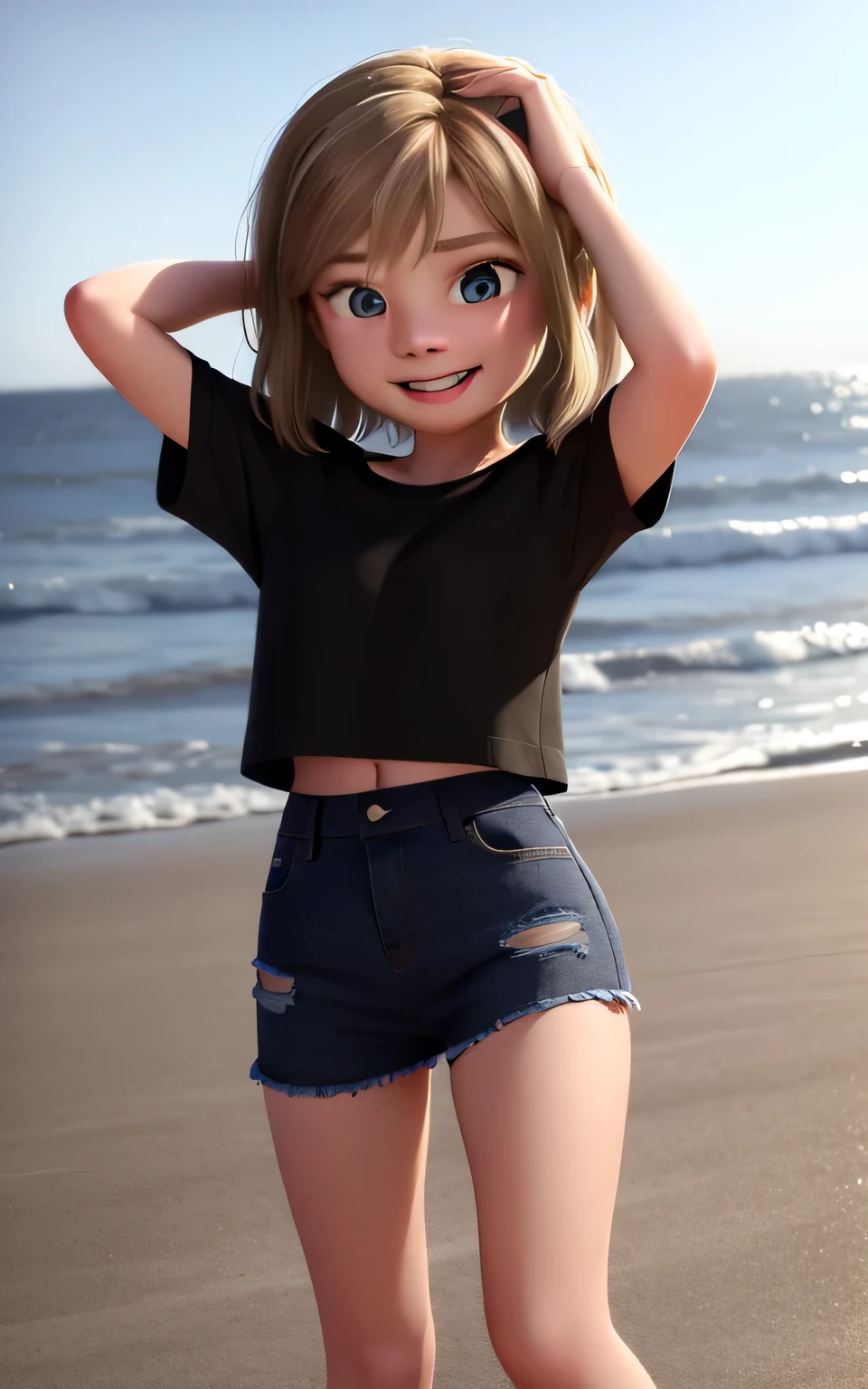 Happy because she's on the beach and she's wearing a black denim skirt and a white t-shirt