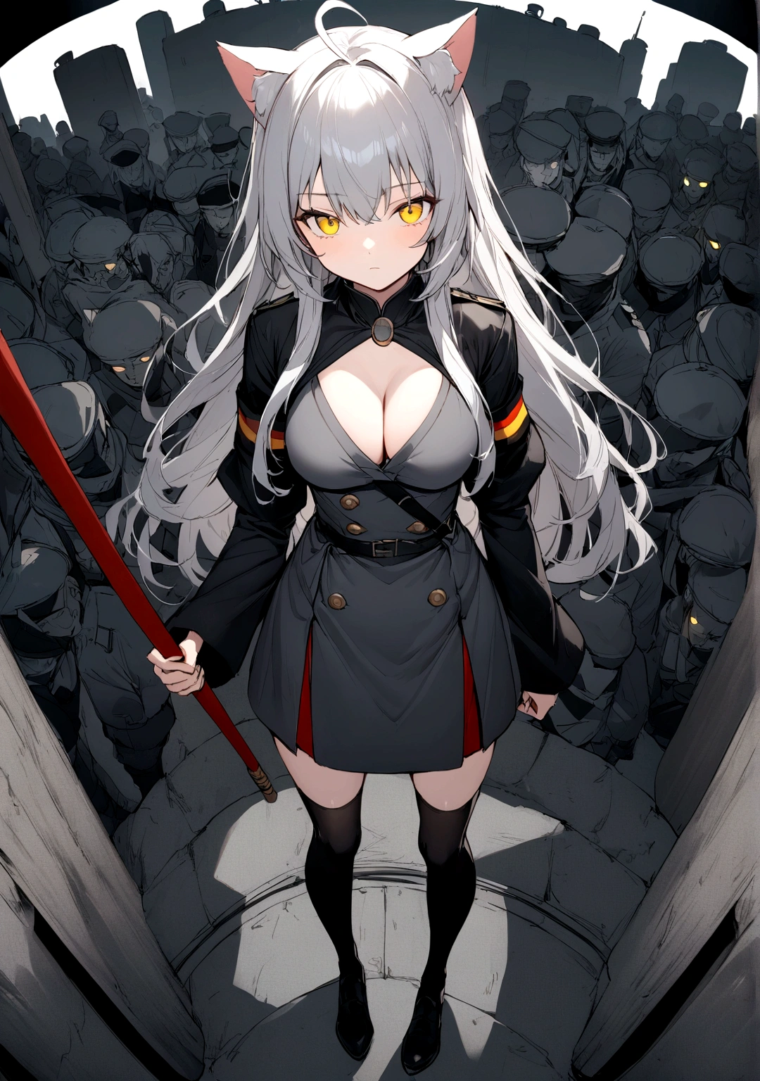 Dynamic Angles、Raising the German flag、Suspicious Gathering、Surrounded by enemieasterpiece, best quality:1.2), 1girl, 独奏、Gray cat ears、Grey long hair、Ahoge、Yellow Eyes、Gray cat ears、Background of military bases、Fisheye Lens、battlefield、Shadows of light and darkness、Expressionless、Grim face、battle、Black knee socks、Cleavage、