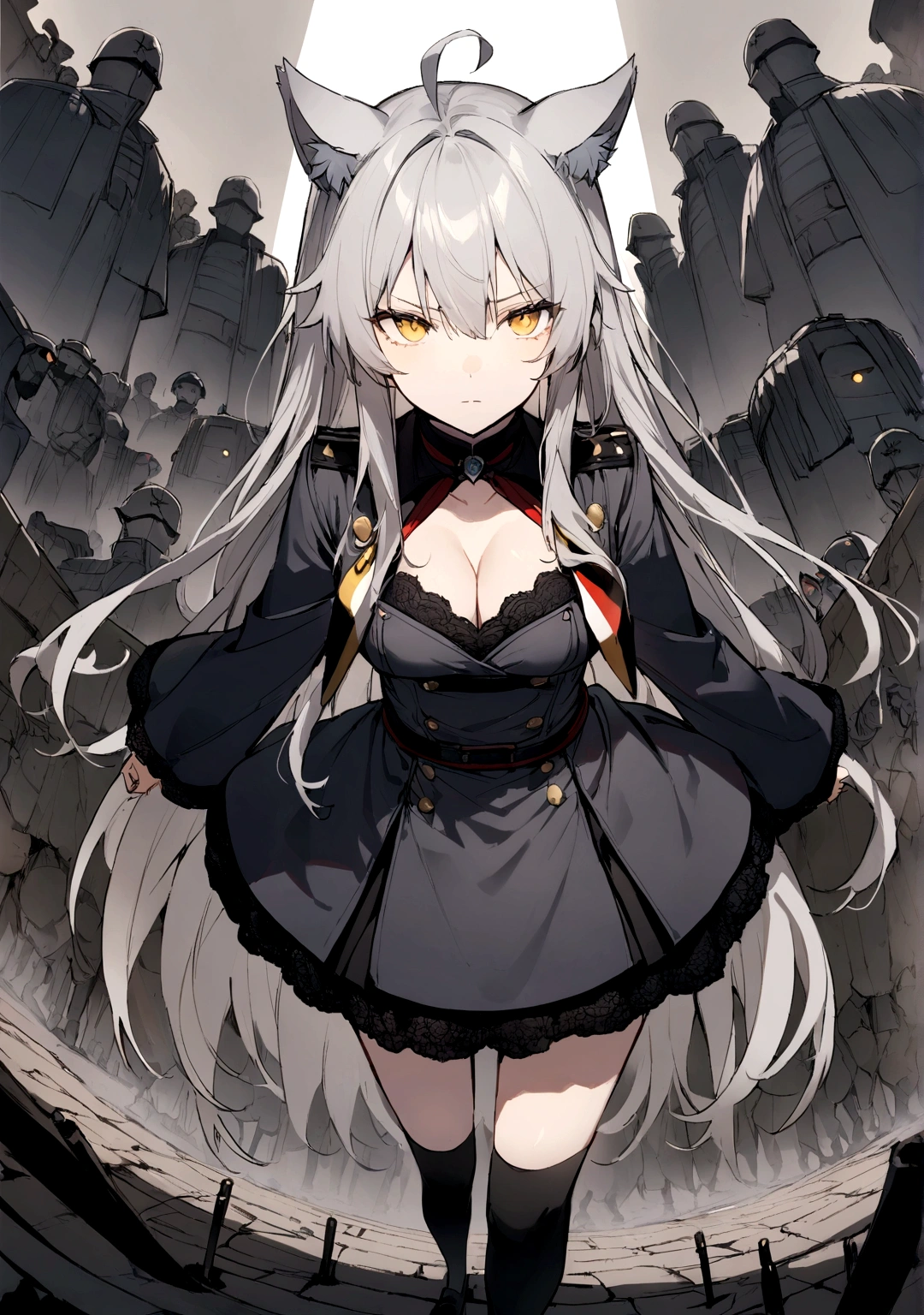 Dynamic Angles、Raising the German flag、Suspicious Gathering、Surrounded by enemieasterpiece, best quality:1.2), 1girl, 独奏、Gray cat ears、Grey long hair、Ahoge、Yellow Eyes、Gray cat ears、Background of military bases、Fisheye Lens、battlefield、Shadows of light and darkness、Expressionless、Grim face、battle、Black knee socks、Cleavage、