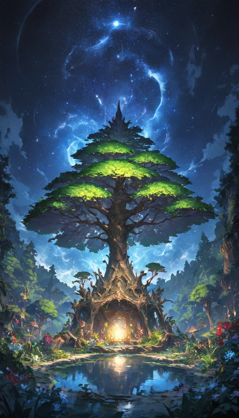 Detailed beautiful fantasy magical plants forest, Starry night sky, Dark mysterious background, 发光的紫红色light, Yggdrasil, the World Tree, (best quality,4K,8K,high resolution,masterpiece:1.2),Extremely detailed,(Practical,photoPractical,photo-Practical:1.37),Intricate details,Concept Art,number,Very detailed,light,戏剧light,Vibrant colors,sharp contrast