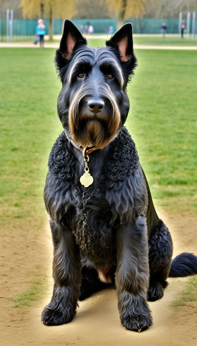 There is no one, realistic photo, photo realism, realism, Beauverde Flanders(Bouvier des Flandres), perfect composition, intricate details, Very sharp, masterpiece, profile, high resolution, looking at the viewer, Full body photo in the dog park