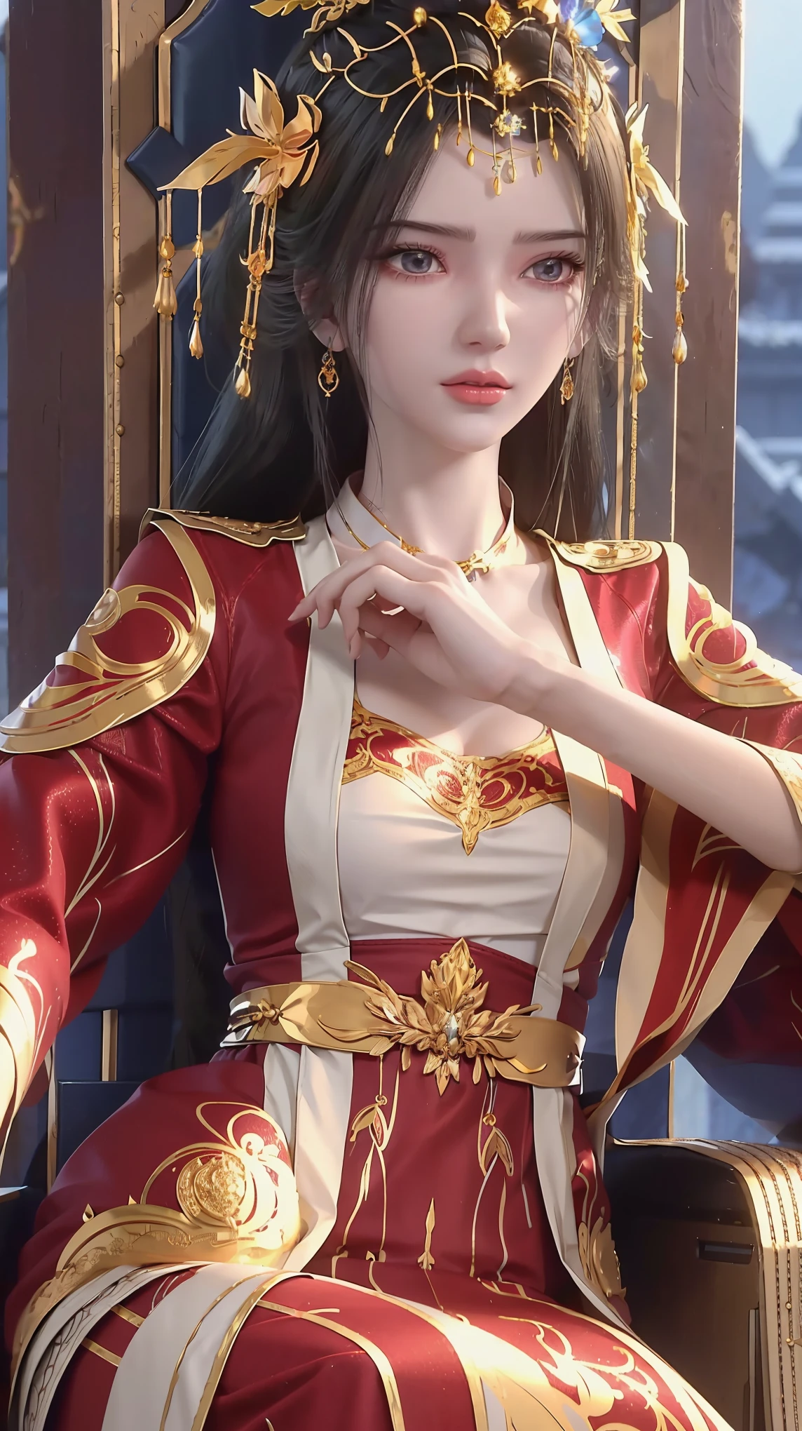 Arad woman in a dress sitting on a throne, cute anime waifu in a nice dress, trending on cgstation, 8K high quality detailed art, anime barbie in white, highly detailed exquisite fanart, Extremely detailed Artgerm, the anime girl is crouching, Flowing magic robe, Beautiful and attractive anime woman, WLOP 和 Sakimichan