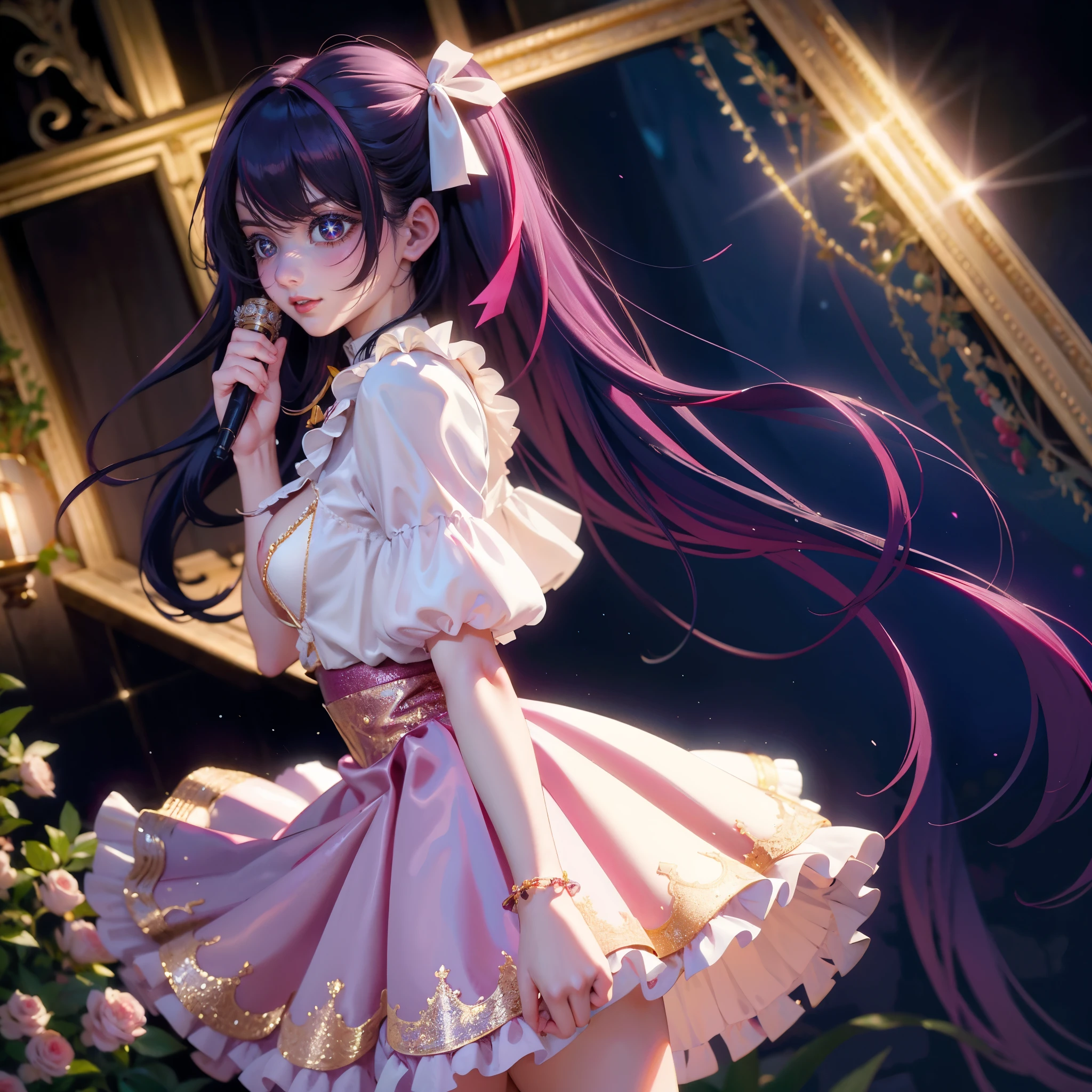 1girl, Ai Hoshino_(Oshi no Ko), alone, solo, centered girl, perfectly body, perfectly hands, solo, jewelry, magenta roses, rabbit jewel on her hair, ornament hair, twintails, rabbit jewel on her hair, purple hair, long hair, long flowing hair, floating hair, ornament hair, perfectly body, perfectly hands, garden scenery, rose on hair, magenta rose on hair, Looking at the audience, flowing hair, Beautiful Eyes, Plump and glossy lips, Idol, dress with too many frills, white dress, magenta laces, white Short skirt, small skirt, skirt with layers, Drape clothes, magenta gem, Lace trim, bright stage in the garden, luxury gold details, gold jewelry, more details, best quality, Big sparkling eyes, blushing, Striped Lace Stockings, white ta skirt, sparkle, solo, centered girl, cowboy shot, perfectly body, perfectly hands, only two arms, only two legs, only two hands, five fingers, perfect anatomy, glowing hair, magenta roses, a stage in the garden, sparkles, more details on her clothes, dress with transparency, golden details on her dress, night, holding a microphone, ((4k, masterpiece, top-quality)), 8k, best quality, high resolution, UHD, (illustration:0.8), super cute girl, delicate and beautiful face, mature girl, super cute hairstyle, (beautiful detailed eyes:1.6), extremely detailed face, perfect lighting, extremely detailed CG, (perfect hands, perfect anatomy), Best quality, cleavage