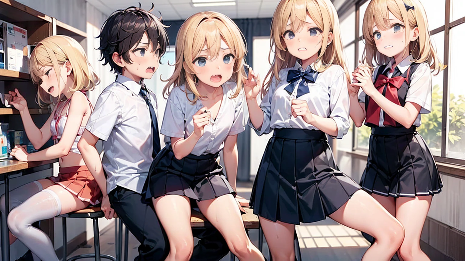 Highest quality,Highest quality,Multiple girls,One boy,((((10 years old)))),  Boy surrounded by girls,Flat Chest,orgasm,blush, Sweat, Sakurai Momoka,Blonde,White Sarah Outfit,Navy Blue Skirt, Not a pleated skirt,whole body,Dark Classroom, Grey pantyhose、Flipping up a navy blue skirt、Spread your legs