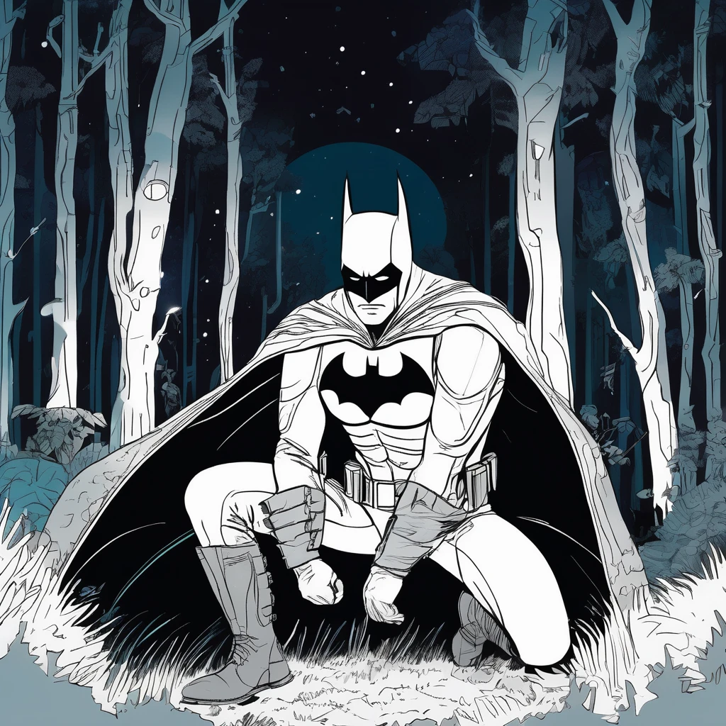 A Batman in the forest at night, glowing in the dark