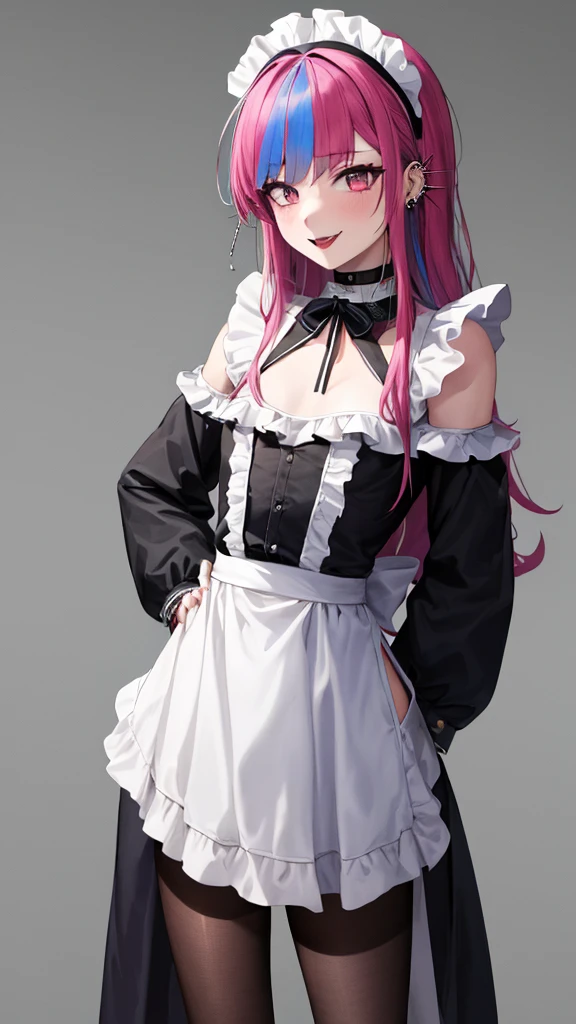 (absurdres, 8k, 4k, masterpiece, hyper extreme detailed:1.2), solo, 1girl, front view, perfect face, 1girl, portrait, expressive eyes, solo, standing, Female, perfect hands, pale skin, friendly, excited, punk rock, Long Hair, Multicolored Hair, black choker, black lipstick, Piercings, Ear Piercings, Lip Piercings, Nose Piercings, small Bust, smile, maid outfit, multicolored maid outfit, maid, half body, perfect anatomy, hands on hips, cuffs, anatomically correct, cowboy shot, no background, empty background, arms behind back, covered chest, white background, exposed shoulder,