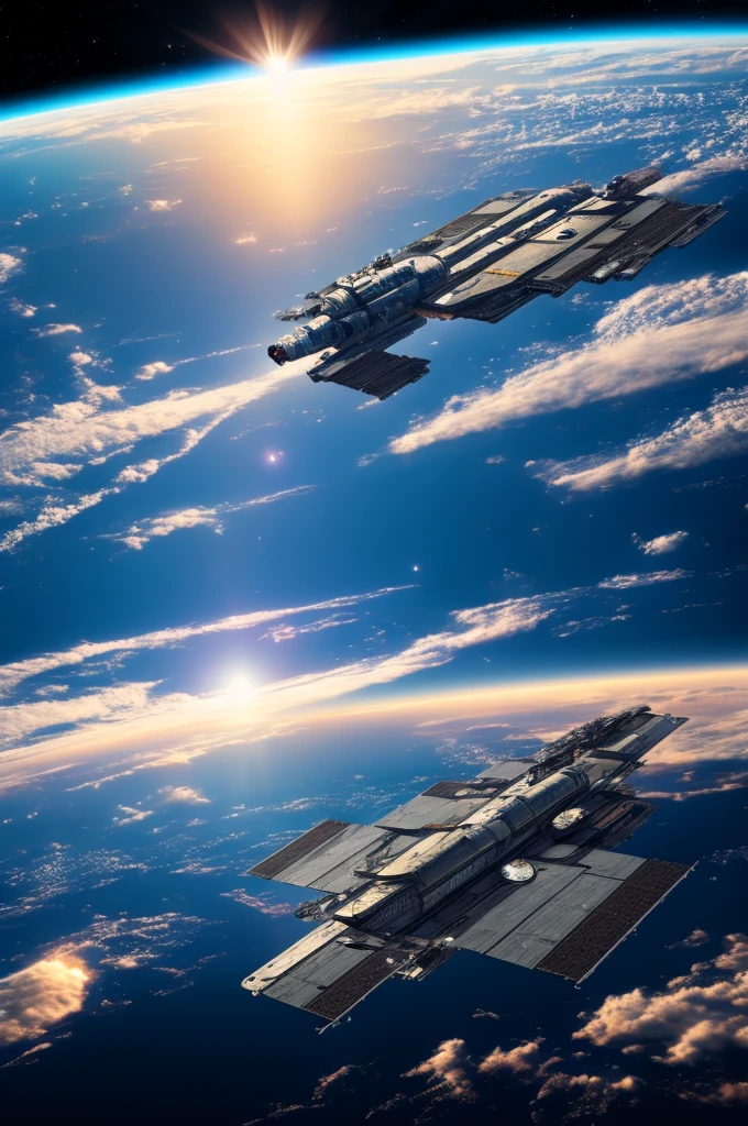 a space shipyard in orbit of Earth, masterpiece, best, photo realistic space scene, orbital reef, spaceship under construction
