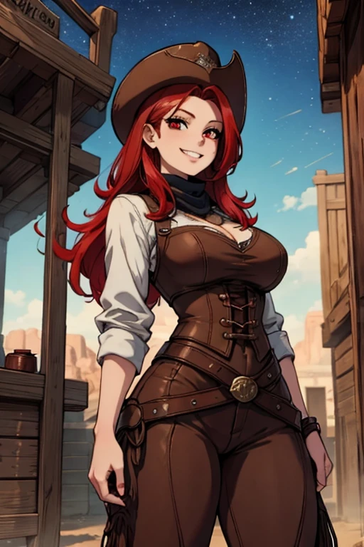 a red haired woman with red eyes with an hourglass figure in a conservative cowgirl outfit is watching the stars of a roof of a wild west building with a big smile