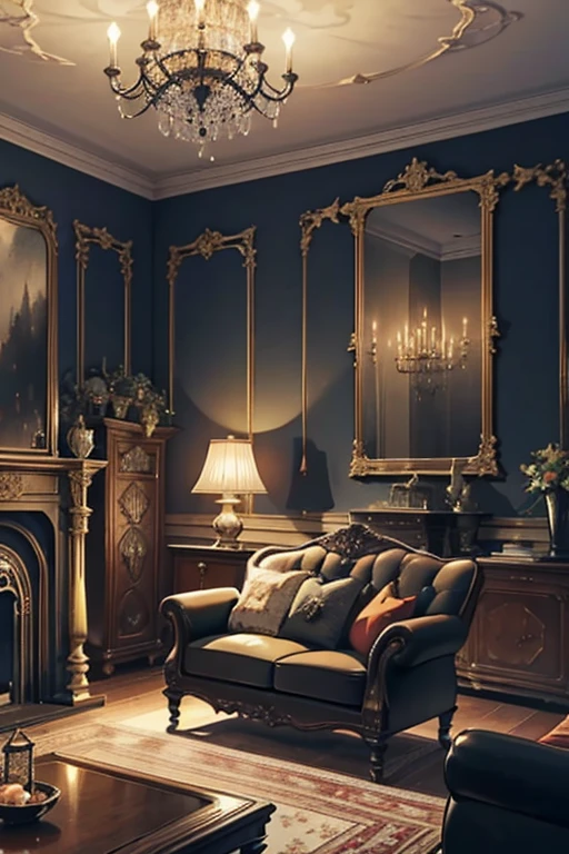 Interior, victorian Manor with reliquies, (((Nigth))), (((moonligth enters the living room)))