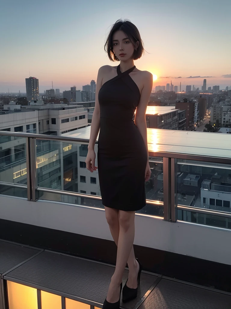 short hair man, short beard man, man blue casual clothing, woman long hair, woman short black dress, sunset background, City background, rooftop, alcoholic beverages, whole body